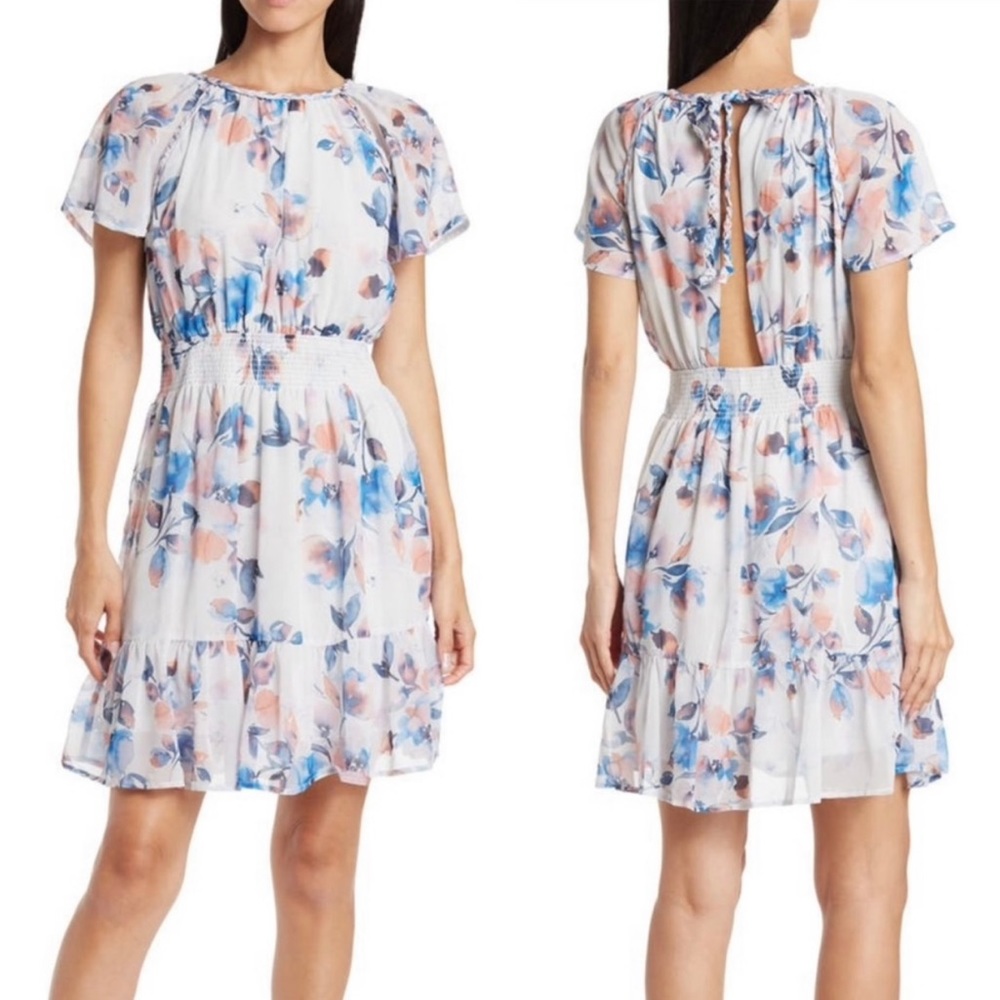 Love Stitch Pastel Blue Floral Mini Dress short Sleeve Spring Summer Feminine L